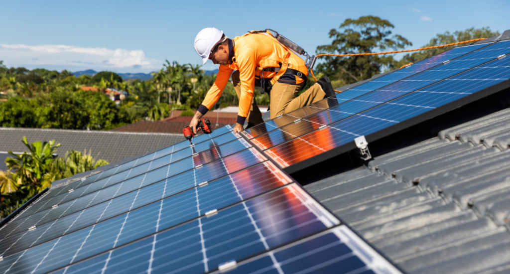 Wie lange dauert die Installation einer PV-Anlage mit Speicher? 121 Installation Photovoltaik auf dem Dach von Arbeiter