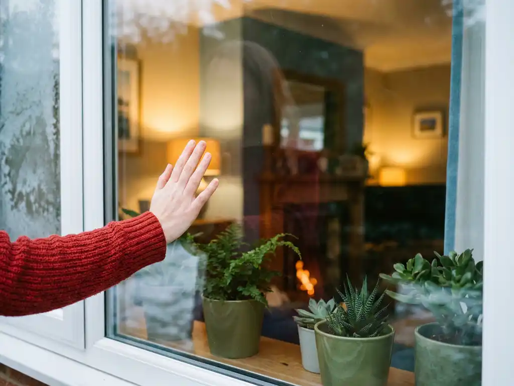 Hausbesitzer im roten Pullover berührt ein beschlagfreies Doppelglasfenster, warmes Innenlicht und Zimmerpflanzen auf der Fensterbank sichtbar.